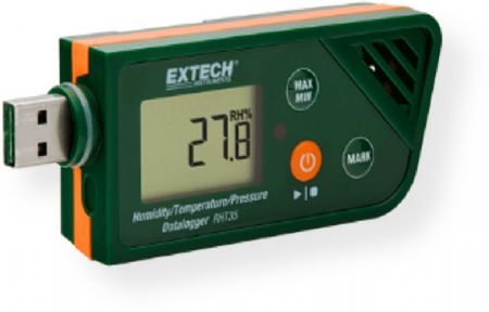 Extech RHT35 USB Humidity Temperature Barometric Pressure Datalogger; Compact size housing with built in NTC thermistor, capacitive humidity sensor, and barometric pressure MEMS sensor designed with standard USB connector for easy data downloading to a PC; 5 digit LCD display with battery life indicator; UPC 793950441350 (RHT35 RHT-35 USB-RHT35 EXTECHRHT35 EXTECH-RHT35 EXTECH-RHT-35)