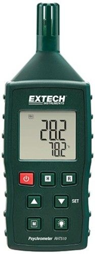 Extech RHT510 Hygro-Thermometer Psychrometer; Measures Temperature (Air/Type K), Relative Humidity, Wet Bulb, and Dew Point; Backlit LCD to View in Dimly Lit Areas; Data Hold and Min/Max Functions; Auto Power Off with Disable; Complete with Wrist Strap, General Purpose Type K Bead Wire Temperature Probe, and 3 AAA Batteries; UPC 793950441510 (RH-T510 RHT-510 RHT 510)