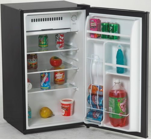 Avanti RM3361B Refrigerator with Chiller Compartment, Black, 3.3 Cu. Ft. Capacity, Beverage Can Dispenser Holds up to Eight 12 oz. Cans, 2 Liter Bottle Storage on the Door, Adjustable Glass Shelves, Seperate Chiller Compartment for Short Term Storage, Full Range Temperature Control, Space Saving Flush Back Design, UPC 079841033614 (RM-3361B RM 3361B RM3361)