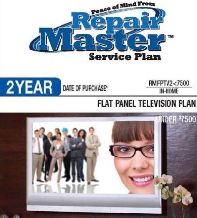 RepairMaster RMFPTV2U7500 2-Year Flat Panel Television Plan Under $7500, Cover an LCD Flat Panel TV, an LED Flat Panel TV, a Plasma TV, an LCD/Video Combo TV, a Plasma/Video Combo TV, or an LCD or LED projector, UPC 720150603677 (RMFPTV2-U7500 RMFPTV2U 7500 RMFPTV7500 RMFPTV2 U7500)
