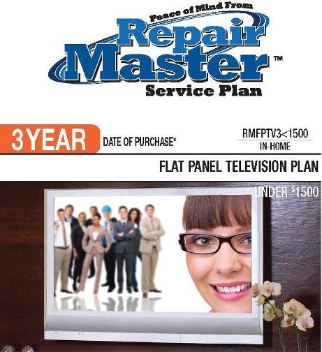 RepairMaster RMFPTV3U1500 3-Yr Flat Panel Television Plan Under $1500, Cover an LCD Flat Panel TV, an LED Flat Panel TV, a Plasma TV, an LCD/Video Combo TV, a Plasma/Video Combo TV, or an LCD or LED projector, UPC 720150603714 (RMFPTV31500 RMFPTV3-1500 RMFPTV3 U1500 RMFPTV3U 1500)
