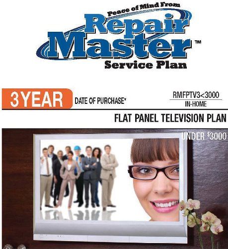 RepairMaster RMFPTV3U3000 3-Yr Flat Panel Television Plan Under $3000, Cover an LCD Flat Panel TV, an LED Flat Panel TV, a Plasma TV, an LCD/Video Combo TV, a Plasma/Video Combo TV, or an LCD or LED projector, UPC 720150603721 (RMFPTV33000 RMFPTV3-3000 RMFPTV3 U3000 RMFPTV3U 3000)