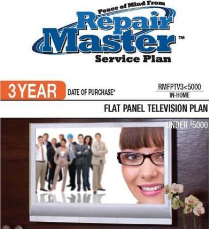 RepairMaster RMFPTV3U5000 3-Yr Flat Panel Television Plan Under $5000, Cover an LCD Flat Panel TV, an LED Flat Panel TV, a Plasma TV, an LCD/Video Combo TV, a Plasma/Video Combo TV, or an LCD or LED projector, UPC 720150603738 (RMFPTV35000 RMFPTV3-5000 RMFPTV3 U5000 RMFPTV3U 5000)