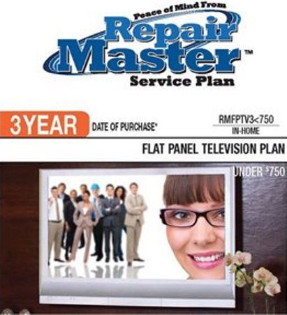 RepairMaster RMFPTV3U750 3-Year Flat Panel Television Plan Under $750, Cover an LCD Flat Panel TV, an LED Flat Panel TV, a Plasma TV, an LCD/Video Combo TV, a Plasma/Video Combo TV, or an LCD or LED projector, UPC 720150603707 (RMFPTV3-U750 RMFPTV3U 750 RMFPTV-3U750 RMFPTV3 U750)