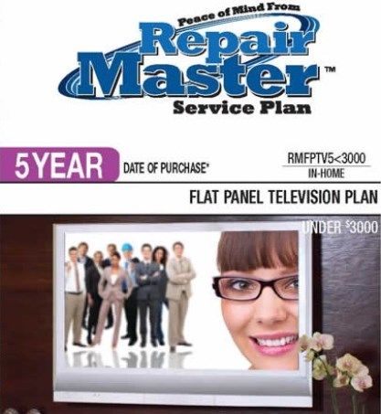 RepairMaster RMFPTV5U3000 5-Yr Flat Panel Television Plan Under $3000, Cover an LCD Flat Panel TV, an LED Flat Panel TV, a Plasma TV, an LCD/Video Combo TV, a Plasma/Video Combo TV, or an LCD or LED projector, UPC 720150603790 (RMFPTV5-U3000 RMFPTV5U 3000 RMFPTV53000 RMFPTV5 U3000)