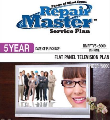 RepairMaster RMFPTV5U5000 5-Year Flat Panel Television Plan Under $5000, Cover an LCD Flat Panel TV, an LED Flat Panel TV, a Plasma TV, an LCD/Video Combo TV, a Plasma/Video Combo TV, or an LCD or LED projector, UPC 720150603806 (RMFPTV5-U5000 RMFPTV5U 5000 RMFPTV5000 RMFPTV5 U5000)