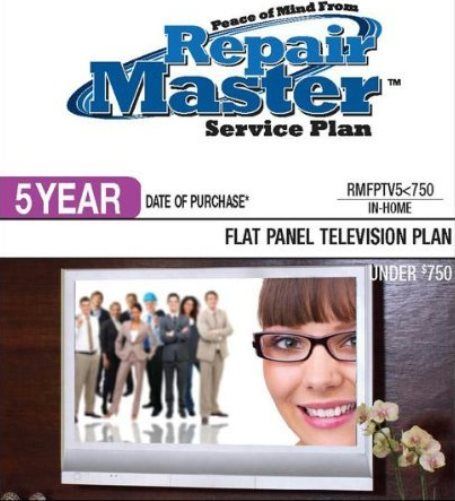 RepairMaster RMFPTV5U750 5-Year Flat Panel Television Plan Under $750, Cover an LCD Flat Panel TV, an LED Flat Panel TV, a Plasma TV, an LCD/Video Combo TV, a Plasma/Video Combo TV, or an LCD or LED projector, UPC 720150603776 (RMFPTV5-U750 RMFPTV5U 750 RMFPTV750 RMFPTV5 U750)