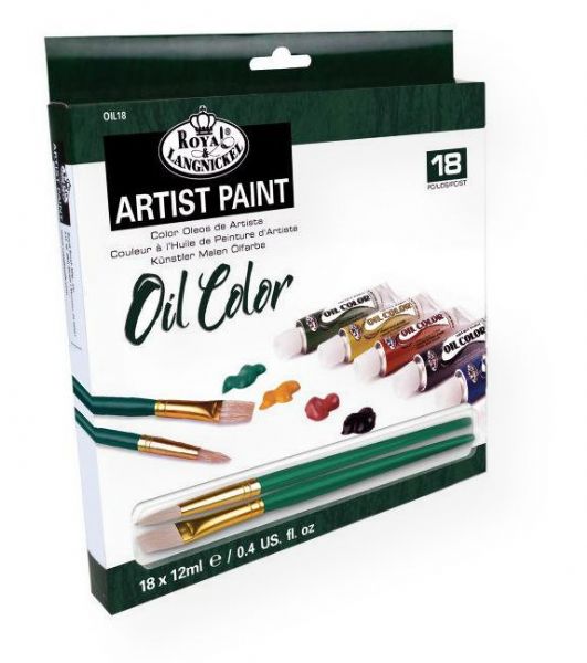 Royal & Langnickel ROIL18 Oil Paint 18-Color Set; Smooth, full body oil paints for uniform consistency; Use colors full strength for bold, opaque coverage or mix together for more color tints; Create thick texture with a painting knife instead of a brush; 12ml tubes; 18 colors and 2 brushes; Shipping Weight 1.00 lb; Shipping Dimensions 8.00 x 8.88 x 1.12 in; UPC 090672028600 (ROYALLANGNICKELROIL18 ROYALLANGNICKEL-ROIL18 ROYALLANGNICKEL/ROIL18 ARTWORK)