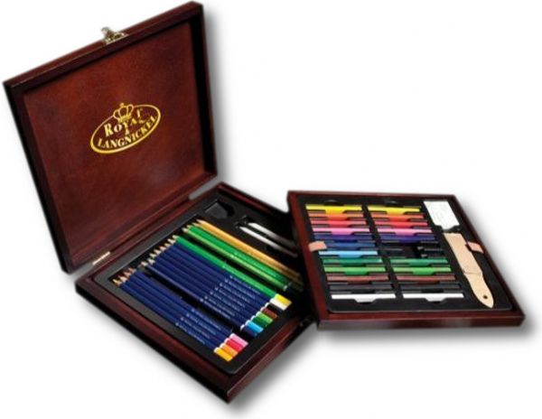 Royal And Langnickel RSET-DRAW1600 Premier Drawing Pencil Set; Wooden cases come with handles for the artist on-the-go; Quality essentials Branded product in dark-toned wood case; Includes 24 compressed color sticks, 12 color pencils, 4 Fluorescent color pencils, 2 metallic color pencils, 2 blending stumps, 1 sharpener; UPC 090672073150 (ROYALANDLANGNICKELRSETDRAW1600 ROYALANDLANGNICKEL RSETDRAW1600 ROYAL AND LANGNICKEL RSET DRAW1600 RSET-DRAW1600)