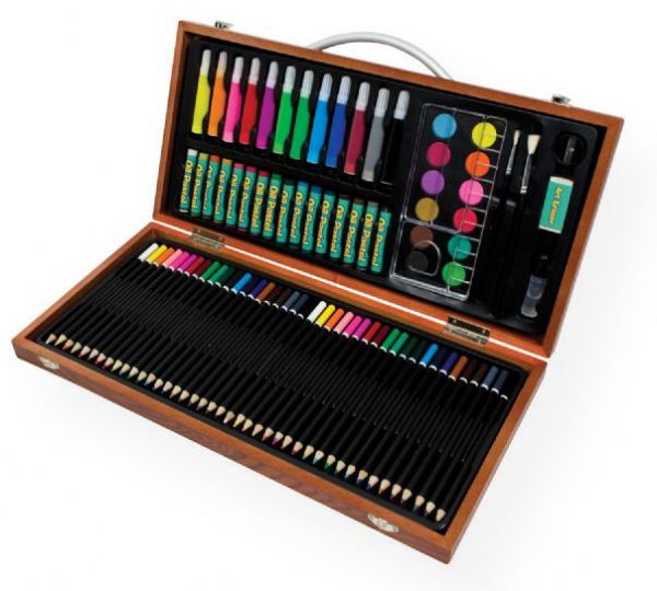 Royal & Langnickel AVS-541 Art Adventure 89-Piece Art Set; 89-piece set includes: 42 color pencils, 16 oil pastels, 12 mini color markers, 12 watercolor cakes, 2 brushes, 1 sharpener, 1 eraser, 1 glue, 1 palette, 1 wooden case; Shipping Weight 3.13 lb; Shipping Dimensions 8.75 x 18.00 x 2.00 in; UPC 090672943224 (ROYALLANGNICKELAVS541 ROYALLANGNICKEL-AVS541 ART-ADVENTURE-AVS-541 ROYAL & LANGNICKEL-AVS541 )