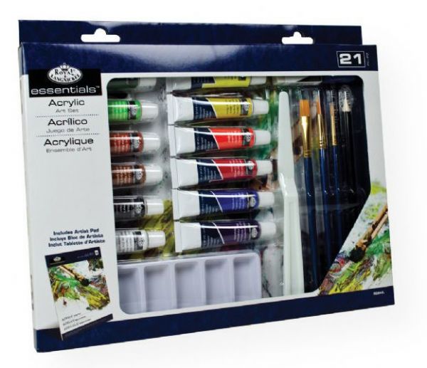 Royal & Langnickel RD844 Essentials 21-Piece Acrylic Painting Set; Set includes 21 pieces: (12) 12ml acrylic paints, 3 brushes, 1 each 10-sheet artist pad, graphite pencil, palette knife, six well palette, white eraser, pencil sharpener; ; Shipping Weight 1.19 lb; Shipping Dimensions 9.25 x 13.00 x 1.00 in; UPC 090672073082 (ROYALLANGNICKELRD844 ROYALLANGNICKEL-RD844 ESSENTIALS-RD844 PAINTING)