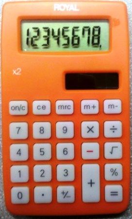 Royal X2 X-small Handheld Calculator, Orange, 8 digit display, Dual power: Solar and battery (AG8 x 1 Button Cell), Auto shut off, Full-function memory, Percent key, Square root key, Dimensions 0.25
