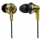 Panasonic RP-HJE190-N In-Ear Headphones - Gold; 10 mm Driver Unit; 16 OHMS/1kHz Impedance; 98 db/mW Sensitivity; 200 mW Max Input; 6-24 Frequency Response (Hz-kHz); 3.9 ft/ 1.2 m Cord Length; 4 g / 0.14 oz Weight w/o Cord; No In-cord Volume; Miniplug (3.5mm); No Air Plug Adaptor (6.3mm); Neodymium (Nd) Magnetic Type; Gold Plug (RPHJE190N RP-HJE190-N RP-HJE190N) 