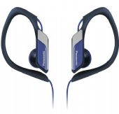 Panasonic RP-HS34-A Water-Resistant Sports Clip Earbud Headphones - Blue; 14.3 (mm) Driver Unit; Nd Magnet Type (Nd:Neodymium / Fe:Ferrite); 23 OHMS/1kHz Impedance; 112 db/mW Sensitivity; 200 (IEC) mW Max. Input; 10 Hz - 25 kHz (Hz-kHz) Frequency Response; 1.2 m / 3.9 ft Cord Length; 9.5 g / (0.34oz) Weight (g) without cord; MiniPlug (3.5mm in diam.); Ni Plug (Ni:Nickel / G:Gold); Blue Color (RPHS34A RP-HS34-A RP-HS34A) 