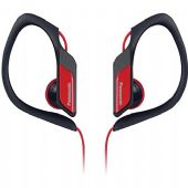 Panasonic RP-HS34-R Water-Resistant Sports Clip Earbud Headphones - Red; 14.3 (mm) Driver Unit; Nd Magnet Type (Nd:Neodymium / Fe:Ferrite); 23 OHMS/1kHz Impedance; 112 db/mW Sensitivity; 200 (IEC) mW Max. Input; 10 Hz - 25 kHz (Hz-kHz) Frequency Response; 1.2 m / 3.9 ft Cord Length; 9.5 g / (0.34oz) Weight (g) without cord; MiniPlug (3.5mm in diam.); Ni Plug (Ni:Nickel / G:Gold); Red Color (RPHS34R RP-HS34-R RP-HS34R) 