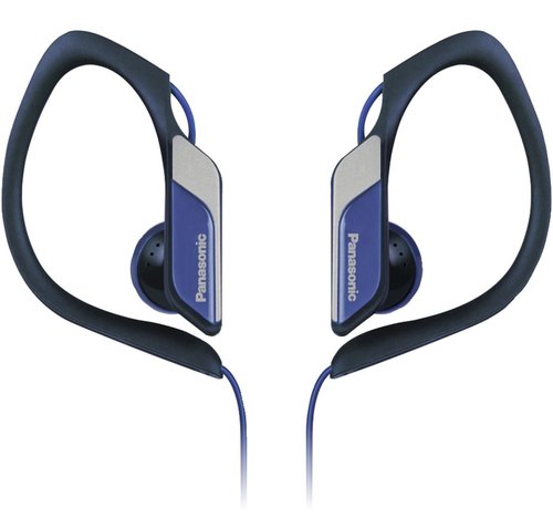 Panasonic RP-HS34-A Water-Resistant Sports Clip Earbud Headphones - Blue; 14.3 (mm) Driver Unit; Nd Magnet Type (Nd:Neodymium / Fe:Ferrite); 23 OHMS/1kHz Impedance; 112 db/mW Sensitivity; 200 (IEC) mW Max. Input; 10 Hz - 25 kHz (Hz-kHz) Frequency Response; 1.2 m / 3.9 ft Cord Length; 9.5 g / (0.34oz) Weight (g) without cord; MiniPlug (3.5mm in diam.); Ni Plug (Ni:Nickel / G:Gold); Blue Color (RPHS34A RP-HS34-A RP-HS34A)
