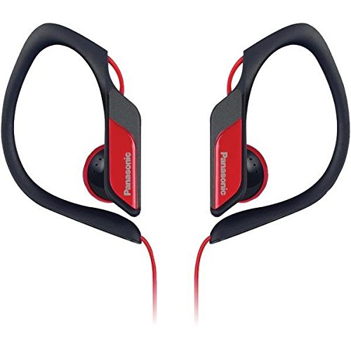 Panasonic RP-HS34-R Water-Resistant Sports Clip Earbud Headphones - Red; 14.3 (mm) Driver Unit; Nd Magnet Type (Nd:Neodymium / Fe:Ferrite); 23 OHMS/1kHz Impedance; 112 db/mW Sensitivity; 200 (IEC) mW Max. Input; 10 Hz - 25 kHz (Hz-kHz) Frequency Response; 1.2 m / 3.9 ft Cord Length; 9.5 g / (0.34oz) Weight (g) without cord; MiniPlug (3.5mm in diam.); Ni Plug (Ni:Nickel / G:Gold); Red Color (RPHS34R RP-HS34-R RP-HS34R)