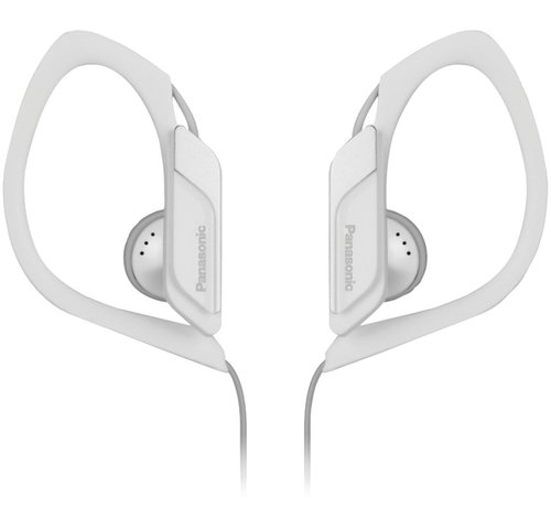 Panasonic RP-HS34-W Water-Resistant Sports Clip Earbud Headphones - White; 14.3 (mm) Driver Unit; Nd Magnet Type (Nd:Neodymium / Fe:Ferrite); 23 OHMS/1kHz Impedance; 112 db/mW Sensitivity; 200 (IEC) mW Max. Input; 10 Hz - 25 kHz (Hz-kHz) Frequency Response; 1.2 m / 3.9 ft Cord Length; 9.5 g / (0.34oz) Weight (g) without cord; MiniPlug (3.5mm in diam.); Ni Plug (Ni:Nickel / G:Gold); White Color (RPHS34W RP-HS34-W RP-HS34W)