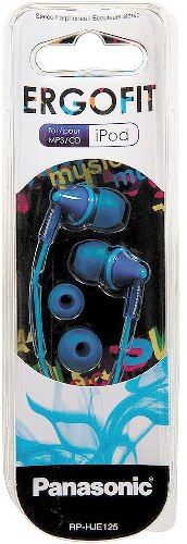 Panasonic RP-HJE125A Stereo Ergo Fit Earphones, Blue, Ergo Fit Design for Ultimate Comfort and Fit, 9mm Driver unit, 16 ohm/1kHz Impedance, 97 db/mW Sensitivity, 200mW Max input, 10Hz~24kHz Frequency Response, Includes three pairs of ultra-soft earpads for the perfect fit (small, medium, large), UPC 885170113244 (RPHJE125A RP HJE125A RP-HJE125-A RP-HJE125)