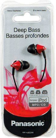 Panasonic RP-HJE290-R Premium In-Ear Stereo Headphones, Red, 200mW Max Input, Deep Bass Fit Construction, Extended Long Sound Port, Frequency Response 6 Hz-24kHz, Sensitivity 104 dB/mW, Impedance 16 ohm/1KHz, 10.7mm Neodymium Magnet, 3 Pairs of Earpieces (Small, Medium, Large), 1.2m Cord Lenght, UPC 885170077447 (RPHJE290R RPHJE290-R RP-HJE290R RP-HJE290)