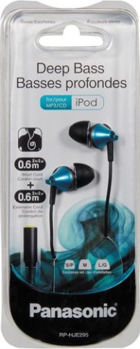 Panasonic RP-HJE295-A Deep Bass Ergo-Fit In Ear Headphones, Blue, Deep bass provided by high-powered neodymium magnet and extended long sound port, ErgoFit design for ultimate comfort and fit, 2.0ft./0.6m cord+extension cord 2.0ft./0.6m, Cord slider for tangle-free storage, 3 pairs of soft earpads included (S/M/L), UPC 885170073708 (RPHJE295A RPHJE295-A RP-HJE295A RP-HJE295 RP-HJE295PPA)