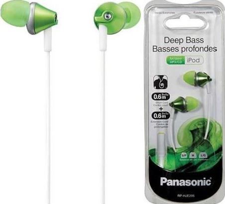 Panasonic RP-HJE295-G Deep Bass Ergo-Fit In Ear Headphones, Green, Deep bass provided by high-powered neodymium magnet and extended long sound port, ErgoFit design for ultimate comfort and fit, 2.0ft./0.6m cord+extension cord 2.0ft./0.6m, Cord slider for tangle-free storage, 3 pairs of soft earpads included (S/M/L), UPC 885170073715 (RPHJE295G RPHJE295-G RP-HJE295G RP-HJE295 RP-HJE295PPG)