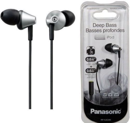 Panasonic RP-HJE295-S Deep Bass Ergo-Fit In Ear Headphones, Silver, Deep bass provided by high-powered neodymium magnet and extended long sound port, ErgoFit design for ultimate comfort and fit, 2.0ft./0.6m cord+extension cord 2.0ft./0.6m, Cord slider for tangle-free storage, 3 pairs of soft earpads included (S/M/L), UPC 885170073692 (RPHJE295S RPHJE295-S RP-HJE295S RP-HJE295 RP-HJE295PPS)