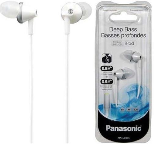 Panasonic RP-HJE295-W Deep Bass Ergo-Fit In Ear Headphones, White, Deep bass provided by high-powered neodymium magnet and extended long sound port, ErgoFit design for ultimate comfort and fit, 2.0ft./0.6m cord+extension cord 2.0ft./0.6m, Cord slider for tangle-free storage, 3 pairs of soft earpads included (S/M/L), UPC 885170073685 (RPHJE295W RPHJE295-W RP-HJE295W RP-HJE295 RP-HJE295PPW)