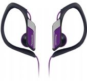 Panasonic RP-HS34-V Water-Resistant Sports Clip Earbud Headphones - Purple; 14.3 (mm) Driver Unit; Nd Magnet Type (Nd:Neodymium / Fe:Ferrite); 23 OHMS/1kHz Impedance; 112 db/mW Sensitivity; 200 (IEC) mW Max. Input; 10 Hz - 25 kHz (Hz-kHz) Frequency Response; 1.2 m / 3.9 ft Cord Length; 9.5 g / (0.34oz) Weight (g) without cord; MiniPlug (3.5mm in diam.); Ni Plug (Ni:Nickel / G:Gold); Violet Color (RPHS34V RP-HS34-V RP-HS34V) 