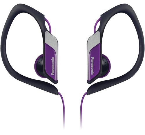 Panasonic RP-HS34-V Water-Resistant Sports Clip Earbud Headphones - Purple; 14.3 (mm) Driver Unit; Nd Magnet Type (Nd:Neodymium / Fe:Ferrite); 23 OHMS/1kHz Impedance; 112 db/mW Sensitivity; 200 (IEC) mW Max. Input; 10 Hz - 25 kHz (Hz-kHz) Frequency Response; 1.2 m / 3.9 ft Cord Length; 9.5 g / (0.34oz) Weight (g) without cord; MiniPlug (3.5mm in diam.); Ni Plug (Ni:Nickel / G:Gold); Violet Color (RPHS34V RP-HS34-V RP-HS34V)