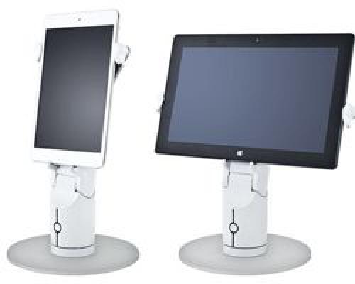 Revolve Robotics RR40-1001 KUBI Classic Edition Robotic Tablet Stand; Conformable tablet mount fits most tablets in portrait and landscape; Connect any Bluetooth or wired speakerphone; KUBI control software works alongside your favorite video conferencing software; Compatible with iPad 3, 4, Air, and iPad Minis (Bluetooth 4.0). iOS App available in the app store; 300 Pan, +/- 45 Tilt; RGB power button and status indicator; Size: 2.25