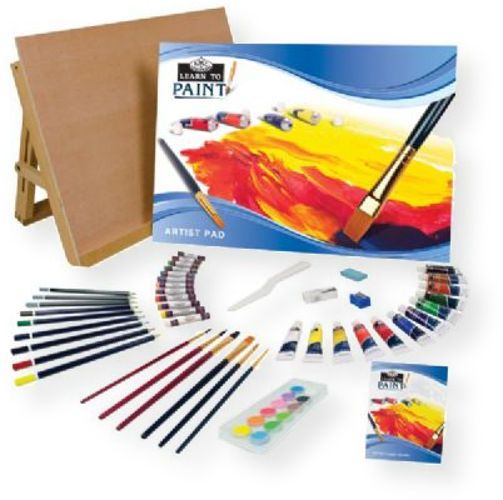 Royal And Langnickel RSET-LT101 Learn To Paint Set; 59 piece set includes 12 each 5ml acrylic paints, oil pastels, watercolor cakes, and 6 each brushes, color pencils, 3 graphite pencils, and 1 each artist guide, blending stump, palette knife, kneadable eraser, white eraser, pencil sharpener, artist pad, and adjustable tabletop easel; UPC 090672944481 (RSET-LT101 RSETLT101 LEARNTO-RSET-LT101 ROYALLANGNICKELRSET-LT101 ROYAL-LANGNICKELRSET-LT101 ROYAL-LANGNICKEL-RSET-LT101)