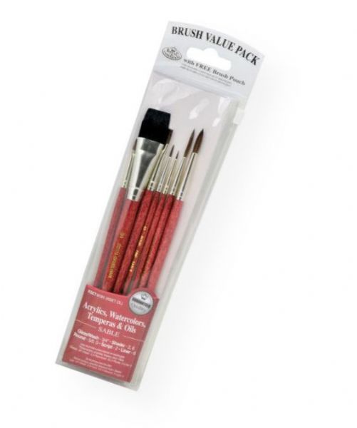 Royal & Langnickel RSET-9151 9100 Series-Zip N' Close Red 7-Piece Brush Set 7; This is an easy color-coded price point program featuring a wide variety of brush shapes and sizes; Each set includes a free brush pouch; Set includes sable brushes round 5/0, 0, script 2, liner round 5, shader 2 and 5, natural glaze wash .75