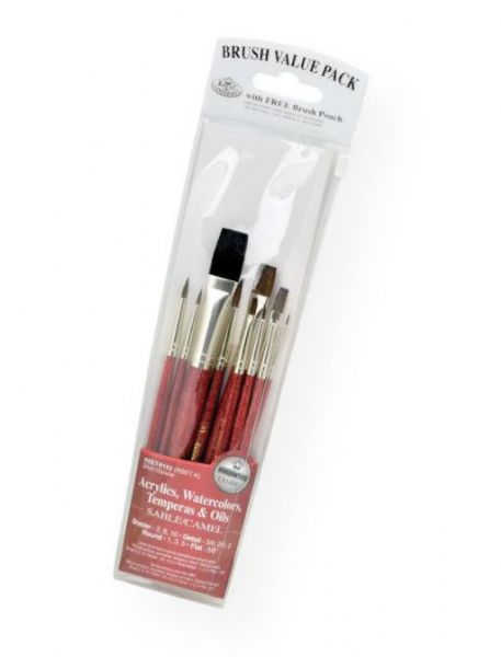 Royal & Langnickel RSET-9152 9100 Series-Zip N' Close Red 10-Piece Brush Set 8; This is an easy color-coded price point program featuring a wide variety of brush shapes and sizes; Each set includes a free brush pouch; Set includes sable brushes round 1, 3, and 5, detail 3/0, 2/0, and 0, shader 2, 8, and 10, camel flat .625