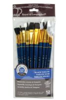 Royal & Langnickel RSET-9301 Series Zip N' Close 9300, 12 Piece Black Taklon Brush Set 1; Good quality brushes offering a wide variety of brushes in every value pack; 12 piece sets in resealable pouch; Set includes black taklon brushes bright 14 and 24, flat 12, 20, and 22, round 2, 10, 16 and 18, angle 4 and 8, and fan 6; Dimensions 12.75" x 5.5"  x 0.5"; Weight 0.35 lb; UPC 090672060419 (ROYAL-LANGNICKEL-RSET-9301 ROYALLANGNICKEL-RSET-9301 RSET-9301 BRUSH) 