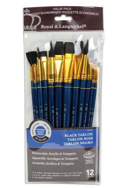 Royal & Langnickel RSET-9301 Series Zip N' Close 9300, 12 Piece Black Taklon Brush Set 1; Good quality brushes offering a wide variety of brushes in every value pack; 12 piece sets in resealable pouch; Set includes black taklon brushes bright 14 and 24, flat 12, 20, and 22, round 2, 10, 16 and 18, angle 4 and 8, and fan 6; Dimensions 12.75