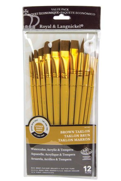 Royal & Langnickel RSET-9303 Series Zip N' Close 9300, 12 Piece Brown Taklon Brush Set 1; Good quality brushes offering a wide variety of brushes in every value pack ; 12 piece sets in resealable pouch; Set includes black taklon brushes bright 20 and 24, flat 4, round 2, 6, 12, and 16, angle 8, 14, and 22, and filbert 10 and 18; Dimensions 12.75