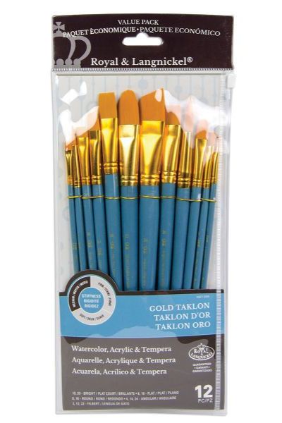 Royal & Langnickel RSET-9306 Series Zip N' Close 9300, 12 Piece Gold Taklon Brush Set 2; Good quality brushes offering a wide variety of brushes in every value pack ; 12 piece sets in resealable pouch; Set includes black taklon brushes bright bright 2, 12, and 22, flat 4, 14, and 24, round 6 and 16, angle 8 and 18, and filbert 10 and 20; Dimensions 12.75