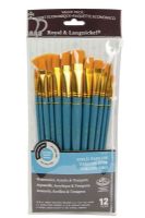 Royal & Langnickel RSET-9307 Series Zip N' Close 9300, 12 Piece Gold Taklon Brush Set 3; Good quality brushes offering a wide variety of brushes in every value pack ; 12 piece sets in resealable pouch; Set includes black taklon brushes bright 16, 20, and 24, flat 4 and 14, round 2 and 8, angle 12, 18, and 22, filbert 6, and fan 10; Dimensions 12.75" x 5.5"  x 0.5"; Weight 0.35 lb; UPC 090672060471 (ROYAL-LANGNICKEL-RSET-9307 ROYALLANGNICKEL-RSET-9307 RSET-9307 BRUSH) 