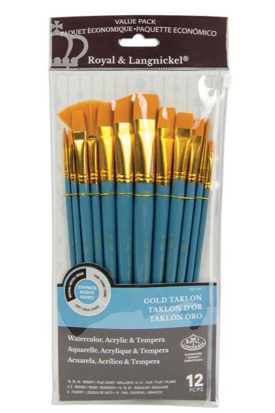 Royal & Langnickel RSET-9307 Series Zip N' Close 9300, 12 Piece Gold Taklon Brush Set 3; Good quality brushes offering a wide variety of brushes in every value pack ; 12 piece sets in resealable pouch; Set includes black taklon brushes bright 16, 20, and 24, flat 4 and 14, round 2 and 8, angle 12, 18, and 22, filbert 6, and fan 10; Dimensions 12.75