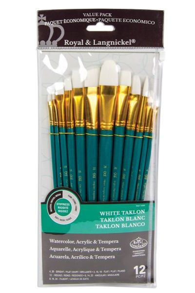 Royal & Langnickel RSET-9308 Series Zip N' Close 9300, 12 Piece White Taklon Brush Set 1; Good quality brushes offering a wide variety of brushes in every value pack ; 12 piece sets in resealable pouch; Set includes white taklon brushes bright 4 and 20, flat 2, 10, and 18, round 12, angle 4, 14, and 22, filbert 8, 16, and 24; Dimensions 12.75
