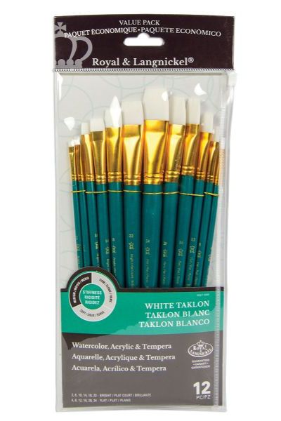 Royal & Langnickel RSET-9309 Series Zip N' Close 9300, 12 Piece White Taklon Brush Set 2; Good quality brushes offering a wide variety of brushes in every value pack ; 12 piece sets in resealable pouch; Set includes white taklon brushes bright 2, 6, 10, 14, 18, and 22, and flat 4, 8, 12, 16, 20, and 24; Dimensions 12.75