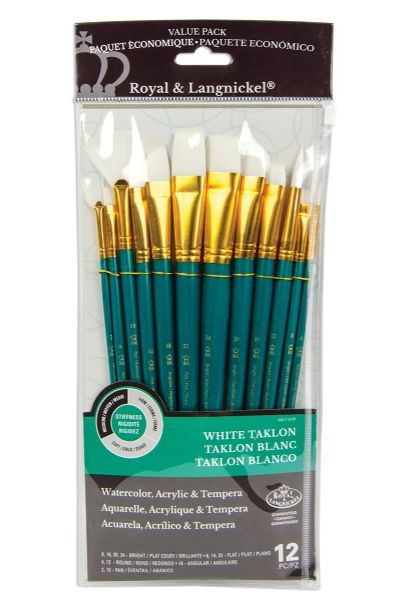 Royal & Langnickel RSET-9310 Series Zip N' Close 9300, 12 Piece White Taklon Brush Set 2; Good quality brushes offering a wide variety of brushes in every value pack ; 12 piece sets in resealable pouch; Set includes white taklon brushes bright 8, 16, 20, and 24, flat 6, 14, and 22, round 4 and 12, angle 18, and fan 2 and 10; Dimensions 12.75