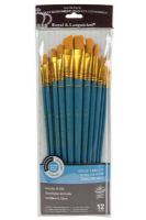 Royal & Langnickel RSET-9312 Series Zip N' Close 9300, 12 Piece Gold Taklon Long Brush Set 1; Good quality brushes offering a wide variety of brushes in every value pack ; 12 piece sets in resealable pouch; Set includes long handle gold taklon brushes bright 6, flat 5, 7, and 12, round 4 and 8, angle 3, 9, and 11, filbert 2 and 10, and fan 1; Dimensions 15.75" x 5.5"  x 0.5"; Weight 0.46 lb; UPC 090672060570 (ROYAL-LANGNICKEL-RSET-9312 ROYALLANGNICKEL-RSET-9312 RSET-9312 BRUSH) 
