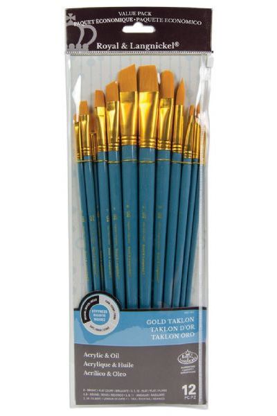 Royal & Langnickel RSET-9312 Series Zip N' Close 9300, 12 Piece Gold Taklon Long Brush Set 1; Good quality brushes offering a wide variety of brushes in every value pack ; 12 piece sets in resealable pouch; Set includes long handle gold taklon brushes bright 6, flat 5, 7, and 12, round 4 and 8, angle 3, 9, and 11, filbert 2 and 10, and fan 1; Dimensions 15.75