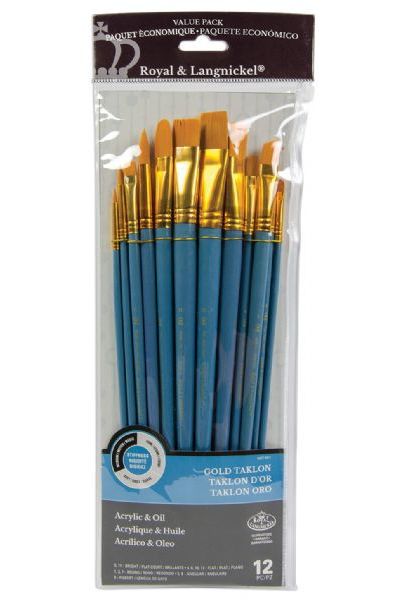 Royal & Langnickel RSET-9313 Series Zip N' Close 9300, 12 Piece Gold Taklon Long Brush Set 2; Good quality brushes offering a wide variety of brushes in every value pack ; 12 piece sets in resealable pouch; Set includes long handle gold taklon brushes bright 5 and 11, flat 4, 6, 10, and 12, round 1, 3, and 7, angle 2 and 8, and filbert 9; Dimensions 15.75