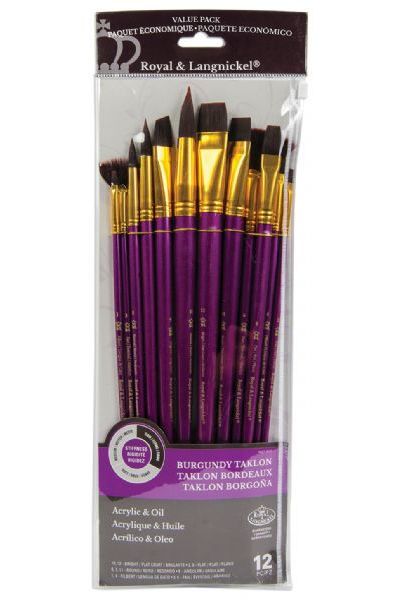 Royal & Langnickel RSET-9314 Series Zip N' Close 9300, 12 Piece Burgundy Taklon Long Brush Set 1; Good quality brushes offering a wide variety of brushes in every value pack ; 12 piece sets in resealable pouch; Set includes long handle burgundy taklon brushes bright 10 and 12, flat 2 and 8, round 5, 7, and 11, angle 9, filbert 1 and 4, fan 3 and 6; Dimensions 15.75