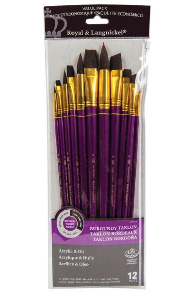 Royal & Langnickel RSET-9315 Series Zip N' Close 9300, 12 Piece Burgundy Taklon Long Brush Set 2; Good quality brushes offering a wide variety of brushes in every value pack ; 12 piece sets in resealable pouch; Set includes long handle burgundy taklon brushes bright 4 and 8, flat 3, 7, and 11, round 1, 5, 9, and 12, and angle 2, 6, and 10; Dimensions 15.75