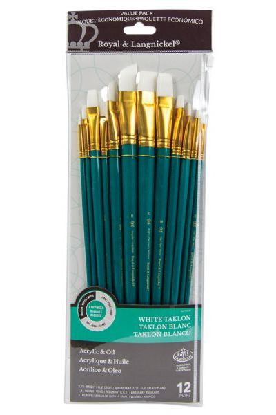 Royal & Langnickel RSET-9316 Series Zip N' Close 9300, 12 Piece White Taklon Long Brush Set; Good quality brushes offering a wide variety of brushes in every value pack ; 12 piece sets in resealable pouch; Set includes long handle white taklon brushes bright 8 and 12, flat 2 7, and 10, round 1 and 4, angle 6, 9, and 11, filbert 3, and fan 4; Dimensions 15.75