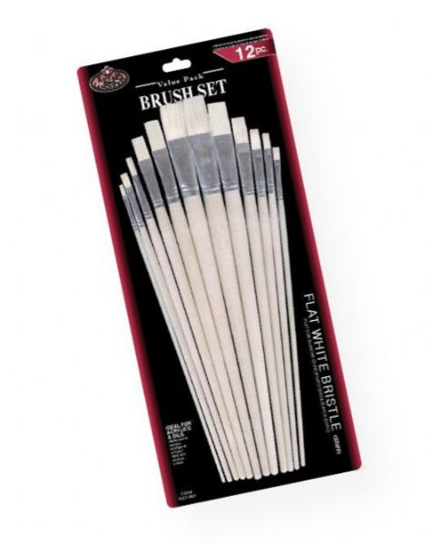 Royal & Langnickel RSET-9601 White Bristle Flat Brush Set; Ideal for the classroom, these economical brush sets are available in a variety of materials in both short and long handles; Good quality brushes for acrylic, watercolor, and oil; 12-piece; Shipping Weight 0.32 lb; Shipping Dimensions 15.5 x 7.00 x 0.25 in; UPC 090672089045 (ROYALLANGNICKELRSET9601 ROYALLANGNICKEL-RSET9601 ROYALLANGNICKEL-RSET-9601 ROYALLANGNICKEL/RSET9601 RSET9601 ARTWORK)